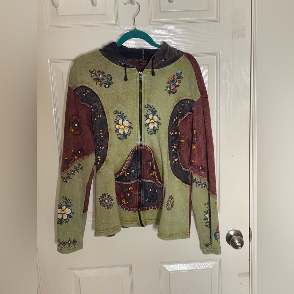 Rising International Boho Patchwork Hippie Zip Up Hoodie Jacket Nepal Size L​​ - Picture 10 of 10